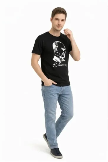 Erkek Atatürk Baskılı Tişört Kısa Kollu Bisiklet Yaka T-Shirt - Siyah Erkek Atatürk Baskılı Tişört Kısa Kollu Bisiklet Yaka T-Shirt - Siyah
