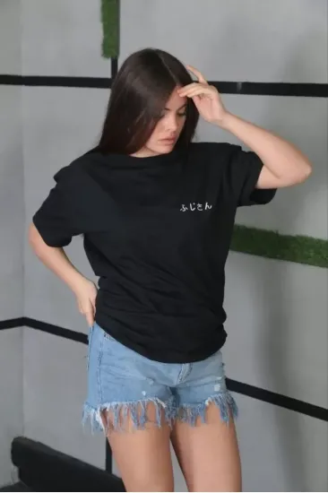 Unisex Bisiklet Yaka Baskılı Oversize T-Shirt - Siyah Unisex Bisiklet Yaka Baskılı Oversize T-Shirt - Siyah