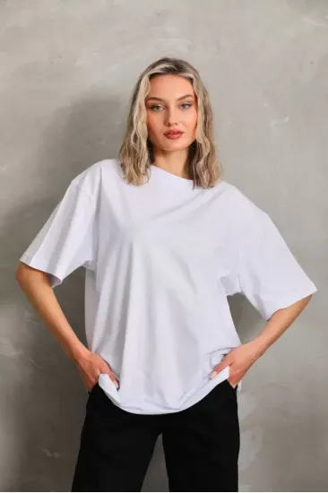 Unisex Bisiklet Yaka 20/1 Düz Oversize T-Shirt - Beyaz Unisex Bisiklet Yaka 20/1 Düz Oversize T-Shirt - Beyaz