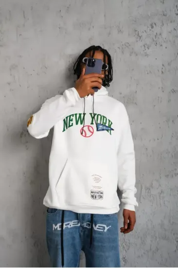 Erkek Baskılı Kapüşonlu Sweatshirt - Beyaz Erkek Baskılı Kapüşonlu Sweatshirt - Beyaz