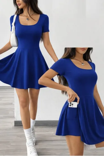 Kadın Kısa Kollu Kare Yakalı Cep Detaylı Dalgıç Elbise Tulum Kadın Kısa Kollu Kare Yakalı Cep Detaylı Dalgıç Elbise Tulum