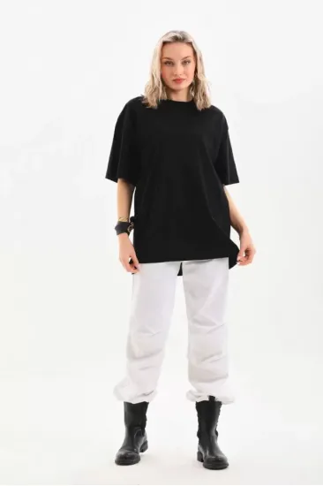 Unisex Bisiklet Yaka 20/1 Düz Oversize T-Shirt - Siyah Unisex Bisiklet Yaka 20/1 Düz Oversize T-Shirt - Siyah