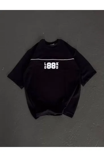 Unisex Bisiklet Yaka Baskılı Oversize T-Shirt - Siyah Unisex Bisiklet Yaka Baskılı Oversize T-Shirt - Siyah