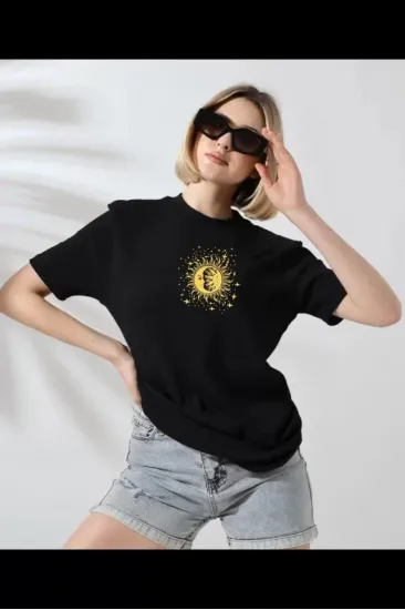 Unisex Bisiklet Yaka Baskılı T-Shirt - Siyah Unisex Bisiklet Yaka Baskılı T-Shirt - Siyah