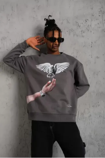 Erkek Güvercin Baskılı Sweatshirt - Gri Erkek Güvercin Baskılı Sweatshirt - Gri