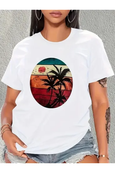 Kadın Kısa Kollu Palmiye Baskılı Viskon T-shirt Kadın Kısa Kollu Palmiye Baskılı Viskon T-shirt