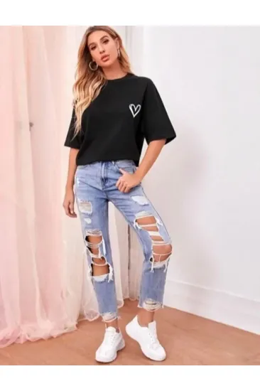 Bisiklet Yaka Baskılı Oversize T-Shirt - Siyah Bisiklet Yaka Baskılı Oversize T-Shirt - Siyah
