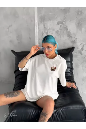 Unisex Bisiklet Yaka Baskılı Oversize T-Shirt - Beyaz Unisex Bisiklet Yaka Baskılı Oversize T-Shirt - Beyaz