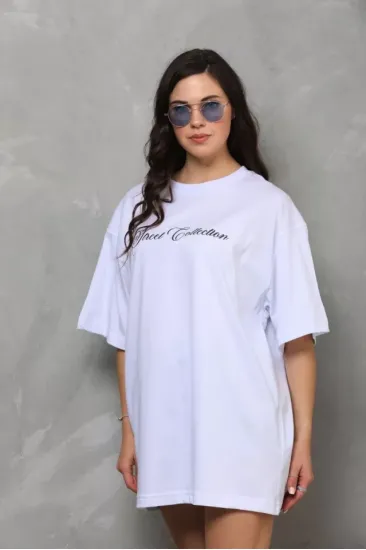 Unisex Bisiklet Yaka Baskılı Oversize T-Shirt - Beyaz Unisex Bisiklet Yaka Baskılı Oversize T-Shirt - Beyaz