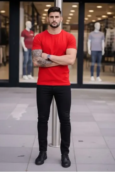 Erkek T-Shirt Bisiklet Yaka Slim Fit Dar Kesim Likralı Tişört Günlük Basic Body - Kırmızı Erkek T-Shirt Bisiklet Yaka Slim Fit Dar Kesim Likralı Tişört Günlük Basic Body - Kırmızı