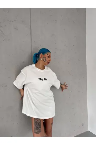 Unisex Bisiklet Yaka Baskılı Oversize T-Shirt - Beyaz Unisex Bisiklet Yaka Baskılı Oversize T-Shirt - Beyaz