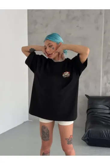 Unisex Bisiklet Yaka Baskılı Oversize T-Shirt - Siyah Unisex Bisiklet Yaka Baskılı Oversize T-Shirt - Siyah