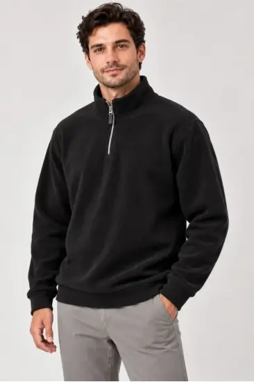 Erkek Polar Dik Yaka Yarım Fermuarlı Uzun Kollu Regular Fit Kışlık Sweatshirt - Siyah Erkek Polar Dik Yaka Yarım Fermuarlı Uzun Kollu Regular Fit Kışlık Sweatshirt - Siyah