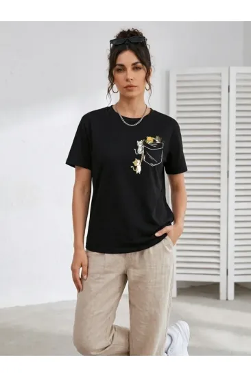 Sevimli Kedi Cep Baskılı Tişört Kısa Kol Yazlık T-Shirt - Siyah Sevimli Kedi Cep Baskılı Tişört Kısa Kol Yazlık T-Shirt - Siyah