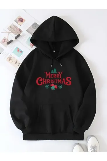 Yılbaşı Merry Christmas Baskılı Oversize Kapüşonlu Sweatshirt Hoodie - Siyah Yılbaşı Merry Christmas Baskılı Oversize Kapüşonlu Sweatshirt Hoodie - Siyah