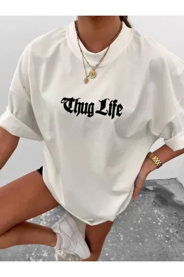 Unisex Bisiklet Yaka Baskılı Oversize T-Shirt - Beyaz Unisex Bisiklet Yaka Baskılı Oversize T-Shirt - Beyaz