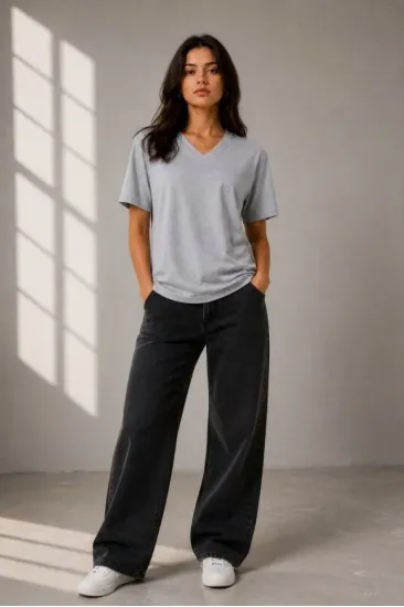 V Yaka Basic Tişört Kısa Kol Yazlık Regular Fit T-Shirt - Gri V Yaka Basic Tişört Kısa Kol Yazlık Regular Fit T-Shirt - Gri
