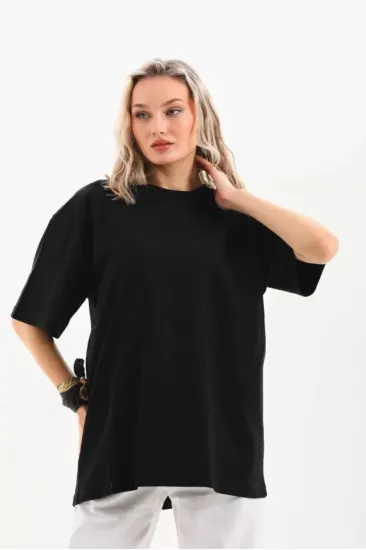 Unisex Bisiklet Yaka 20/1 Düz Oversize T-Shirt - Siyah Unisex Bisiklet Yaka 20/1 Düz Oversize T-Shirt - Siyah
