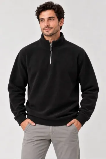 Erkek Polar Dik Yaka Yarım Fermuarlı Uzun Kollu Regular Fit Kışlık Sweatshirt - Siyah Erkek Polar Dik Yaka Yarım Fermuarlı Uzun Kollu Regular Fit Kışlık Sweatshirt - Siyah
