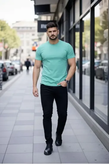 Erkek T-Shirt Bisiklet Yaka Slim Fit Dar Kesim Likralı Tişört Günlük Basic Body - Turkuvaz Erkek T-Shirt Bisiklet Yaka Slim Fit Dar Kesim Likralı Tişört Günlük Basic Body - Turkuvaz