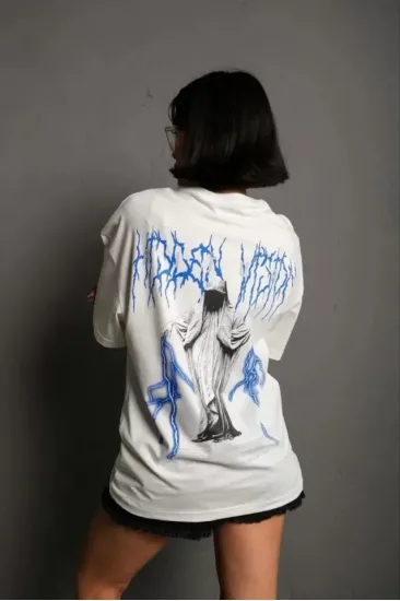 Unisex Bisiklet Yaka Baskılı Oversize T-Shirt - Beyaz Unisex Bisiklet Yaka Baskılı Oversize T-Shirt - Beyaz