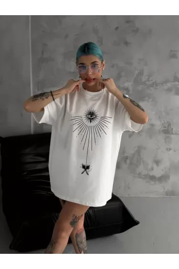Unisex Bisiklet Yaka Baskılı Oversize T-Shirt - Beyaz Unisex Bisiklet Yaka Baskılı Oversize T-Shirt - Beyaz