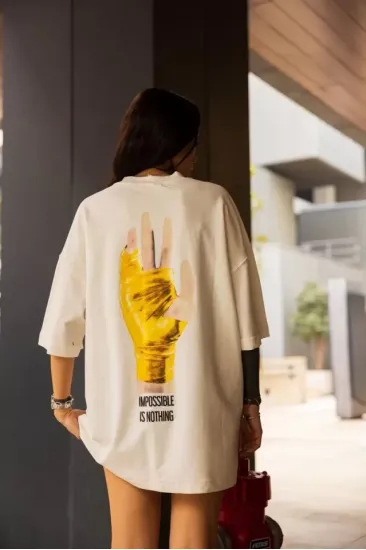 Unisex Bisiklet Yaka Baskılı Oversize T-Shirt - Beyaz Unisex Bisiklet Yaka Baskılı Oversize T-Shirt - Beyaz