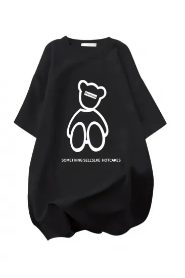 Baskılı Oversize Bisiklet Yaka T-shirt - Siyah Baskılı Oversize Bisiklet Yaka T-shirt - Siyah