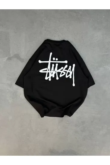 Unisex Bisiklet Yaka Baskılı Oversize T-Shirt - Siyah Unisex Bisiklet Yaka Baskılı Oversize T-Shirt - Siyah