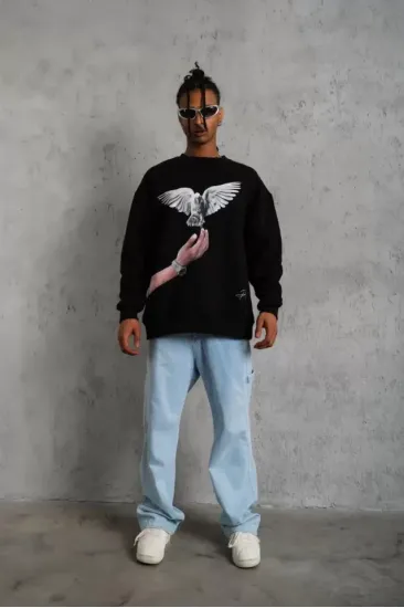 Erkek Güvercin Baskılı Sweatshirt - Siyah Erkek Güvercin Baskılı Sweatshirt - Siyah