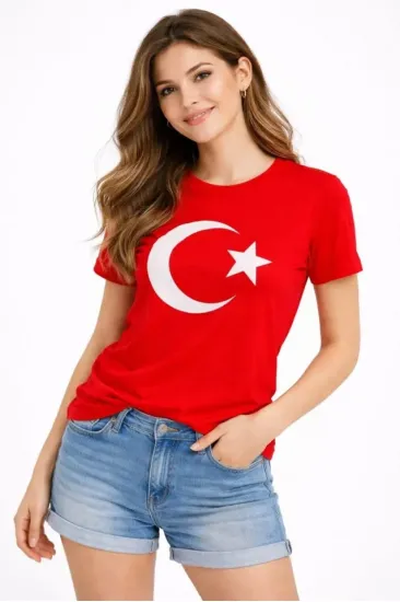 T-Shirt Kısa Kol Bisiklet Yaka Ay Yıldız Bayrak Baskılı Tişört - Kırmızı T-Shirt Kısa Kol Bisiklet Yaka Ay Yıldız Bayrak Baskılı Tişört - Kırmızı