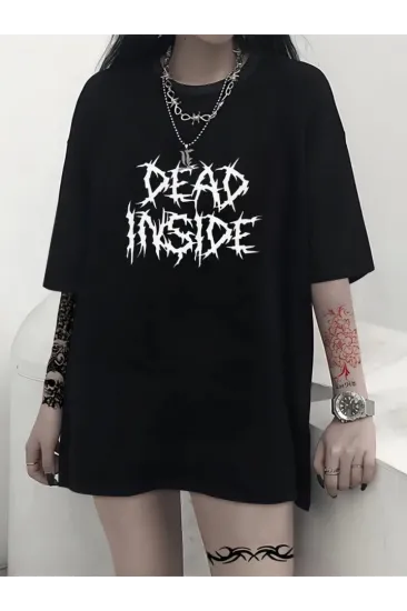 Baskılı Oversize Bisiklet Yaka T-shirt - Siyah
