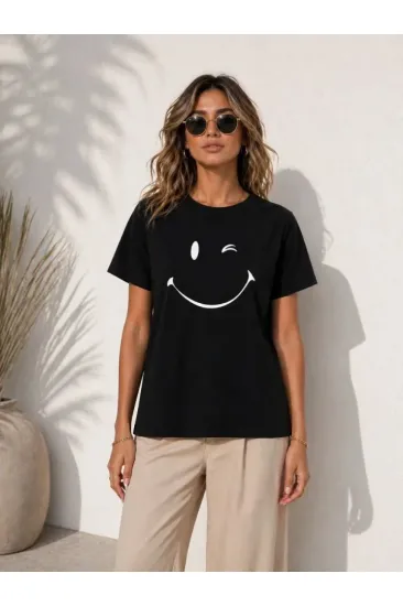 Minimal Gülümseyen Yüz Baskılı Tişört Kısa Kol Yazlık T-Shirt - Siyah Minimal Gülümseyen Yüz Baskılı Tişört Kısa Kol Yazlık T-Shirt - Siyah