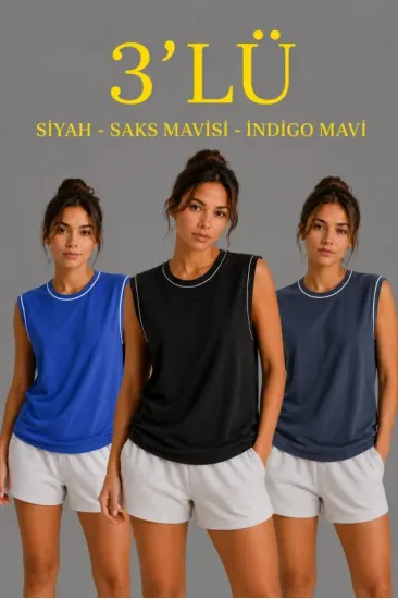 3’lü Kolsuz Sporcu Atlet Seti Yazlık Bisiklet Yaka - Siyah, Saks Mavisi, İndigo 3’lü Kolsuz Sporcu Atlet Seti Yazlık Bisiklet Yaka - Siyah, Saks Mavisi, İndigo
