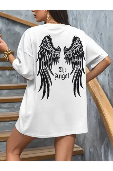 Baskılı Oversize Bisiklet Yaka T-shirt - Beyaz Baskılı Oversize Bisiklet Yaka T-shirt - Beyaz