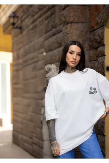 Unisex Bisiklet Yaka Baskılı Oversize T-Shirt - Beyaz Unisex Bisiklet Yaka Baskılı Oversize T-Shirt - Beyaz