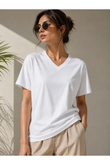 V Yaka Basic Tişört Kısa Kol Yazlık Regular Fit T-Shirt - Beyaz V Yaka Basic Tişört Kısa Kol Yazlık Regular Fit T-Shirt - Beyaz