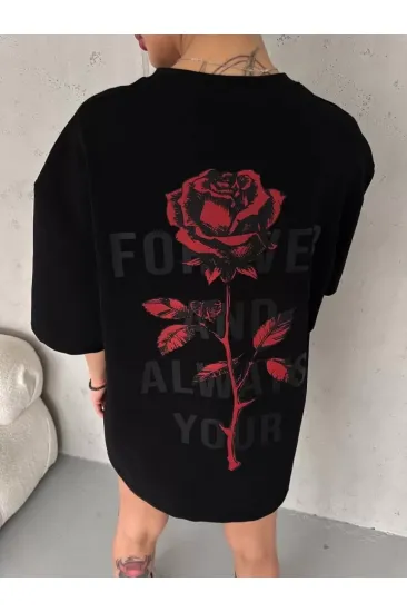 Unisex Bisiklet Yaka Baskılı Oversize T-Shirt - Siyah Unisex Bisiklet Yaka Baskılı Oversize T-Shirt - Siyah
