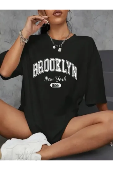 Baskılı Oversize Bisiklet Yaka T-shirt - Siyah Baskılı Oversize Bisiklet Yaka T-shirt - Siyah