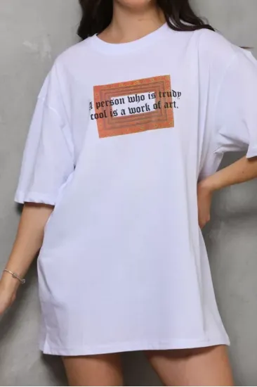 Unisex Bisiklet Yaka Baskılı Oversize T-Shirt - Beyaz Unisex Bisiklet Yaka Baskılı Oversize T-Shirt - Beyaz