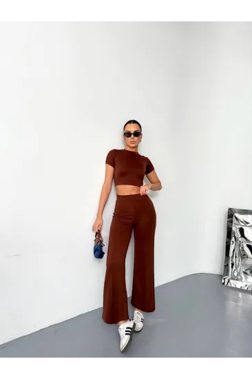 Osy Modal Yumuşak Dokulu Kumaş Kısa Kollu Crop Alt Ispanyol Paça Pantalon Ikili Takım - Kahverengi Osy Modal Yumuşak Dokulu Kumaş Kısa Kollu Crop Alt Ispanyol Paça Pantalon Ikili Takım - Kahverengi