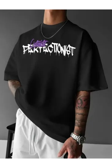 Baskılı Oversize Bisiklet Yaka T-shirt - Siyah Baskılı Oversize Bisiklet Yaka T-shirt - Siyah