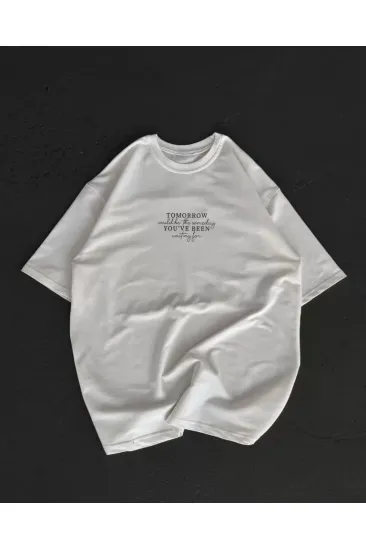 Unisex Bisiklet Yaka Baskılı Oversize T-Shirt - Beyaz Unisex Bisiklet Yaka Baskılı Oversize T-Shirt - Beyaz