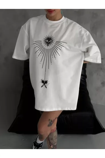 Unisex Bisiklet Yaka Baskılı Oversize T-Shirt - Beyaz Unisex Bisiklet Yaka Baskılı Oversize T-Shirt - Beyaz