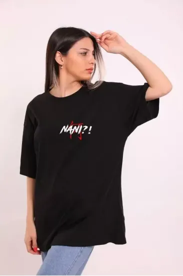Unisex Bisiklet Yaka Baskılı Oversize T-Shirt - Siyah Unisex Bisiklet Yaka Baskılı Oversize T-Shirt - Siyah