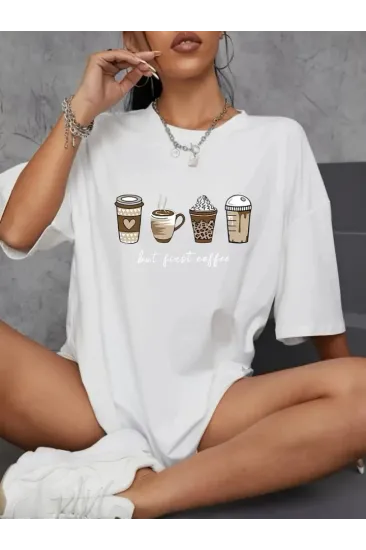 Baskılı Oversize Bisiklet Yaka T-shirt - Beyaz Baskılı Oversize Bisiklet Yaka T-shirt - Beyaz
