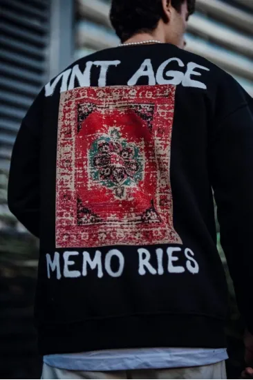 Oversize Bisiklet Yaka Üç İplik Baskılı SweatShirt - Siyah