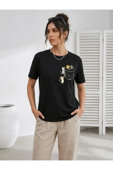 Sevimli Kedi Cep Baskılı Tişört Kısa Kol Yazlık T-Shirt - Siyah Sevimli Kedi Cep Baskılı Tişört Kısa Kol Yazlık T-Shirt - Siyah