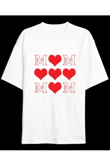 Anneler Günü Hediye MOM Kalp Baskılı Oversize Bisiklet Yaka T-shirt - Beyaz Anneler Günü Hediye MOM Kalp Baskılı Oversize Bisiklet Yaka T-shirt - Beyaz