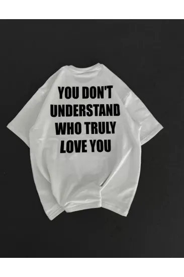Unisex Bisiklet Yaka Baskılı Oversize T-Shirt - Beyaz Unisex Bisiklet Yaka Baskılı Oversize T-Shirt - Beyaz
